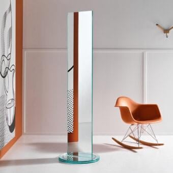 Innovative Tonelli Design Soglia mirror with revolving glass base and subtle green tinted reflective glass