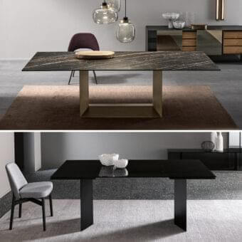 Exclusive Tonelli Design T5 table with a dark, chromatic top and matte finish rectangular metal base