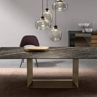 Distinguished Tonelli Design T5 table crafted in smoked glass or ceramic with a refined matt or polished finish and lacquered metal base