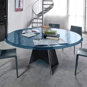 Exceptional Arketipo Avalon table with rippled deep blue glass top and dark matte finished metal base