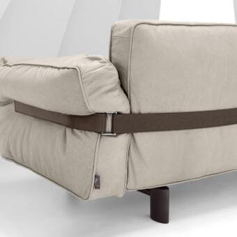 Exclusive Arketipo Close to Me sofa with light beige textile and wraparound brown leather belt, built with elliptical dark metal feet