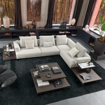 Exceptional Arketipo That's Life sectional with light cream textile upholstery and refined marble topped side tables built with dark wood