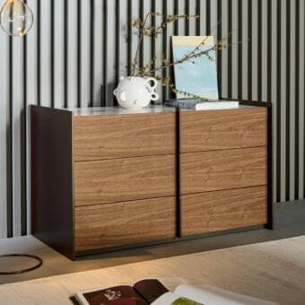 Distinguished Bonaldo Aureo dresser with bronze matt lacquered wood and canaletto walnut veneered drawers featuring metallic handles