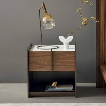 Harmonious Bonaldo Aureo nightstand with canaletto walnut veneered wood and bronze matt lacquered wood frame crafted in a geometric silhouette
