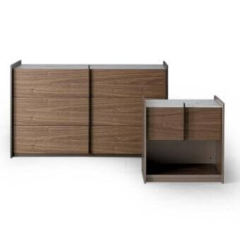 Elegant Bonaldo Aureo nightstand crafted with bronze matt lacquered wood, canaletto walnut, and marble-patterned ceramic top