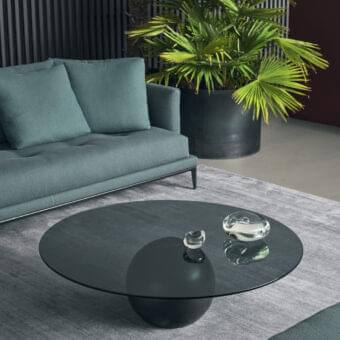 Distinctive Bonaldo Circus coffee table with round smoked glass top and matte black metal base crafted in Italy