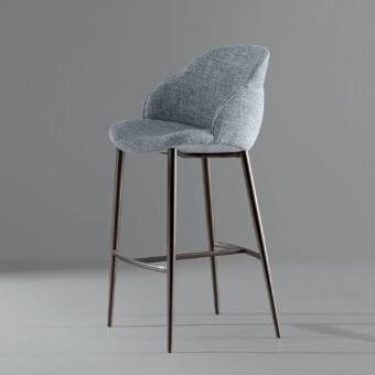 Textured gray and light blue seat with angled metallic legs against a smooth gray backdrop