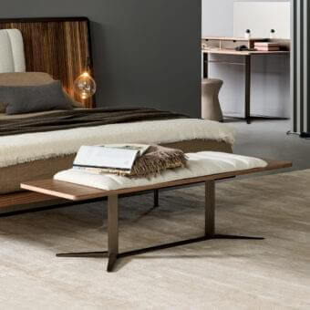 Elegant Bonaldo Nelson bench with veneered Canaletto Walnut wood and light beige cushion atop a metal base