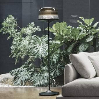 Superior Bonaldo Pin floor lamp with smoked blown glass lampshade and slender lead metal structure in dark matte finish