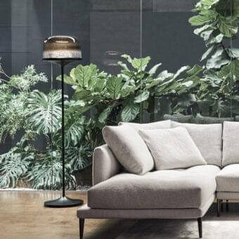 Distinguished Bonaldo Pin floor lamp with slender lead metal structure and statement smoked blown glass lampshade in matte black finish