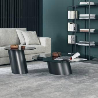 Distinctive Bonaldo Pisa coffee table with curvilinear metal base and dark reflective glass top in matte finish