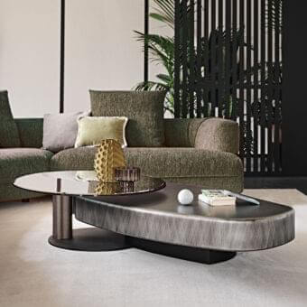 Superior Cattelan Italia Arena Long coffee table with brushed grey lacquered wood and black embossed lacquered steel base