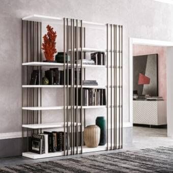 Superior Cattelan Italia Arsenal bookcase with embossed lacquered steel in dark graphite and Burned oak shelving