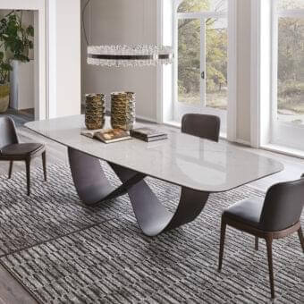 Exceptional Cattelan Italia Butterfly table with glossy Golden Calacatta marmi ceramic and embossed lacquered steel base
