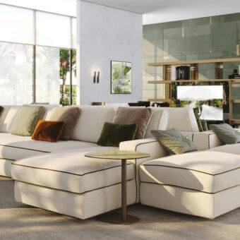 Distinguished Reflex Adone ottoman upholstered in smooth light beige textile with delicate green trim crafted in Italy
