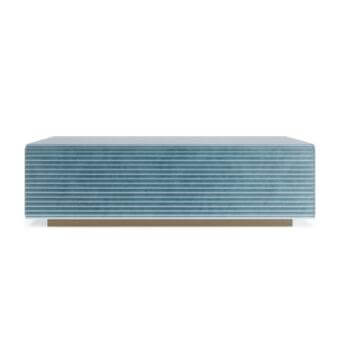 Distinguished Reflex Bag Bench seating with light blue horizontally ribbed textile and matte gold painted wood plinth base