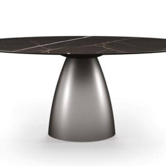 Distinctive Reflex Botero table with a Marble Glass top and sleek metallic base in a brushed gray finish