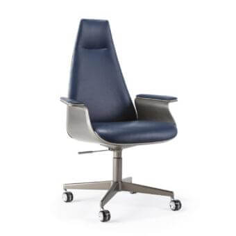 Elegant Reflex Minerva armchair with dark blue synthetic leather upholstery and matte gray-toned metal shell built with a lever mechanism