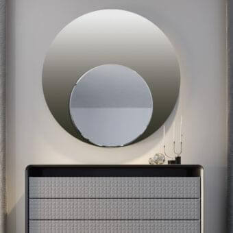 Superior Reflex Nuance mirror with etched and shiny gradient glass, showcasing a beveled circular inset and layered design crafted in Italy