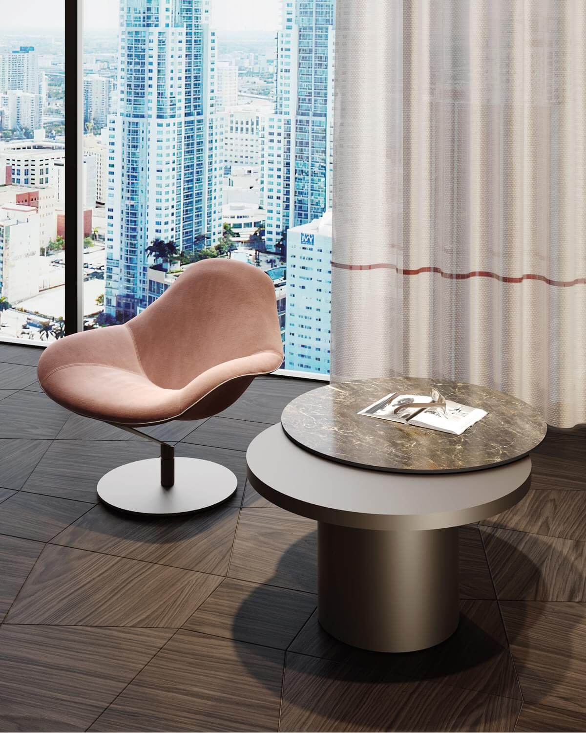 Innovative Reflex Tau Steel Move coffee table with two tiers in wood glass and marble glass with matte finish