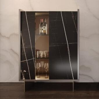 Innovative Reflex Uro cupboard, a wooden structure clad in Marble glass mimicking black marble with white and gold veining and a glass section