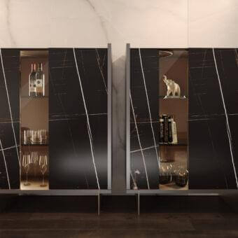 Exceptional Reflex Uro cupboard with wooden structure and innovative Marble glass doors revealing illuminated light brown interiors with glass shelves