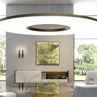 Distinguished Reflex Uro sideboard with light beige Marble glass doors and dark brown wood veneer, completed with LED lit glass and mirror