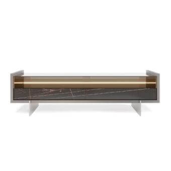 Light-toned horizontal form with dark veined panels and a golden cylindrical element above them