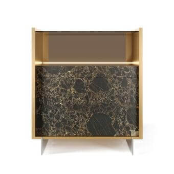 Exceptional Reflex Uro cupboard, a wooden structure with marble glass doors and gold veining, finished with integrated LED lighting