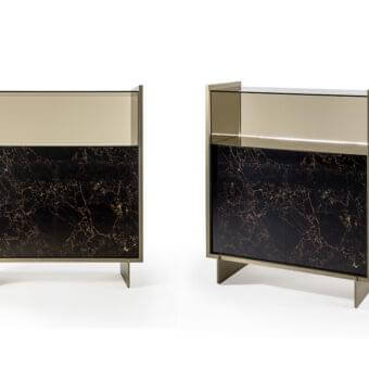 Exceptional Reflex Uro cupboard with wooden structure and Marble glass, displaying dark gold veining with illuminated glass and mirror compartments