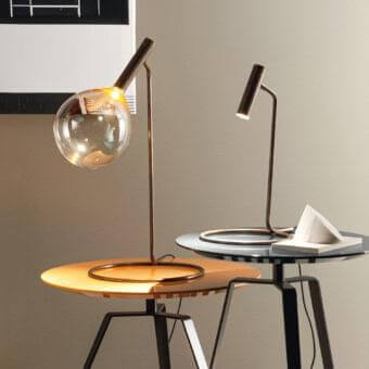 Refined Bonaldo Sofi table lamp with a warm amber borosilicate glass globe and burnished brass cylinder