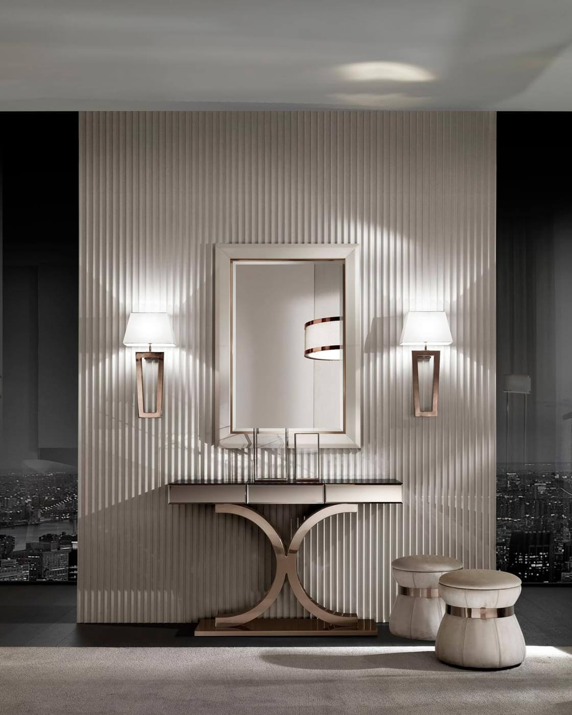 Innovative DV Home Collection Coco ottoman with light beige fabric upholstery and refined gold finish steel insert