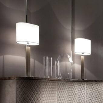 Distinguished DV Home Collection Adler table lamp with light brown Alligatore leather and white fabric lampshade in chrome finish