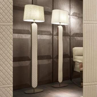 Distinguished DV Home Collection Coco floor lamp with quilted light beige leather and a light textile lampshade crafted in satin light brown accents