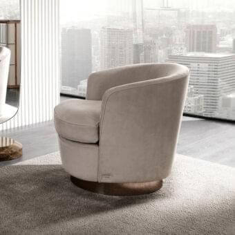 Elegant DV Home Collection Coco lounge chair with neutral beige textile upholstery and swivel stainless steel base