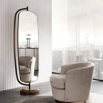Distinguished DV Home Collection Coco lounge chair with rounded light beige upholstery and swivel stainless steel base crafted in solid wood
