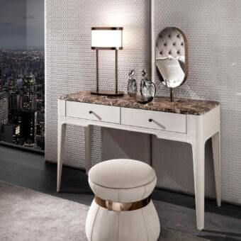 Innovative DV Home Collection Coco ottoman with opening seat, solid beech wood structure and light beige textile upholstery with copper steel accents