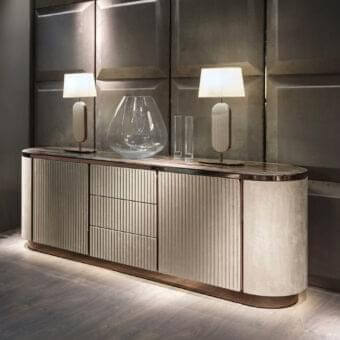 Exceptional DV Home Collection Coco table lamp with a light beige fabric lampshade and cream leather panel built with metal