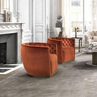 Superior DV Home Collection Epoque lounge chair crafted in Italy with smooth orange textile and sleek metal base with button-tufted backrest
