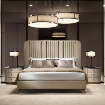 Exclusive DV Home Collection Hollywood bed with light cream textile upholstery, quilted headboard and dark metallic legs