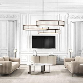 Distinguished DV Home Collection Hollywood coffee table with light cream marble top and dark matte stainless steel base