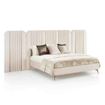 Hollywood Maxi Bed, beige upholstered fluted headboard, tapered copper legs, neutral duvet, bronze & cream pillows, modern bedroom design.
