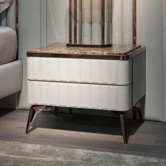 Superior DV Home Collection Hollywood nightstand with noce canaletto wood, stainless steel inserts and copper-like finish adorning padded rectangular panels