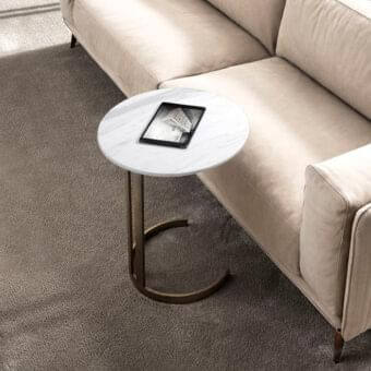 Distinctive DV Home Collection Hollywood side table with bronze stainless steel base and white faux marble top in matte finish