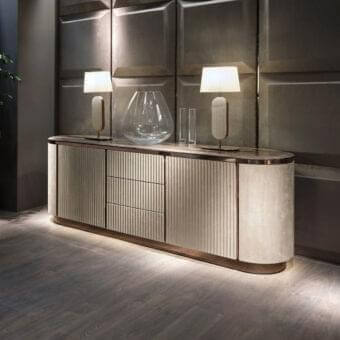 Distinguished DV Home Collection Hollywood sideboard crafted in Italy with beige leather drawers and marble-effect top surface