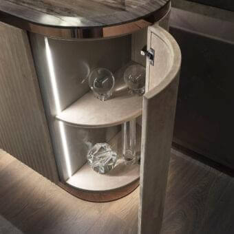 Exceptional DV Home Collection Hollywood sideboard with beige textured leather drawers and brown marble top crafted with stainless steel trim