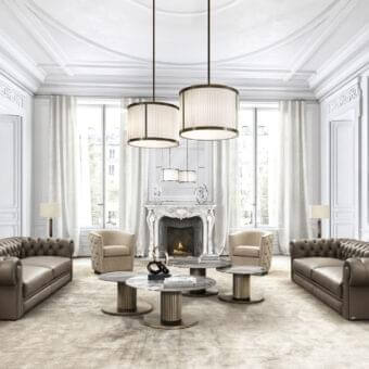 Elegant DV Home Collection King Chester sofa with brown leather upholstery and tufted backrest finish