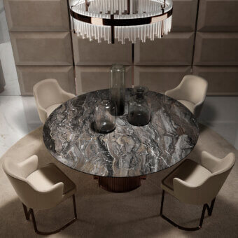 Exceptional DV Home Collection Deco armchair with light beige fabric upholstery and matte steel base