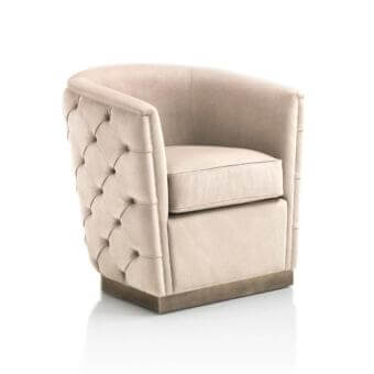 Superior DV Home Collection Vogue lounge chair in light beige plush textile with button-tufted detailing and metallic-toned wood base