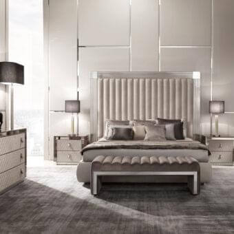 Superior DV Home Collection Windsor bed with quilted light beige textile and refined stainless steel trim